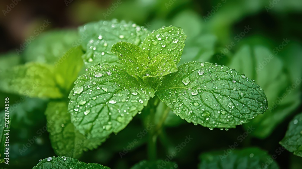 Raindrops on a green herb leaf, close-up focus, vibrant freshness, serene nature, and simple October beauty. Raindrops on a green herb leaf, close-up focus, vibrant freshness, serene nature, and simple October beauty.