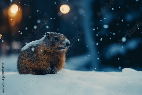 Groundhog on the snow field, Groundhog day. photo