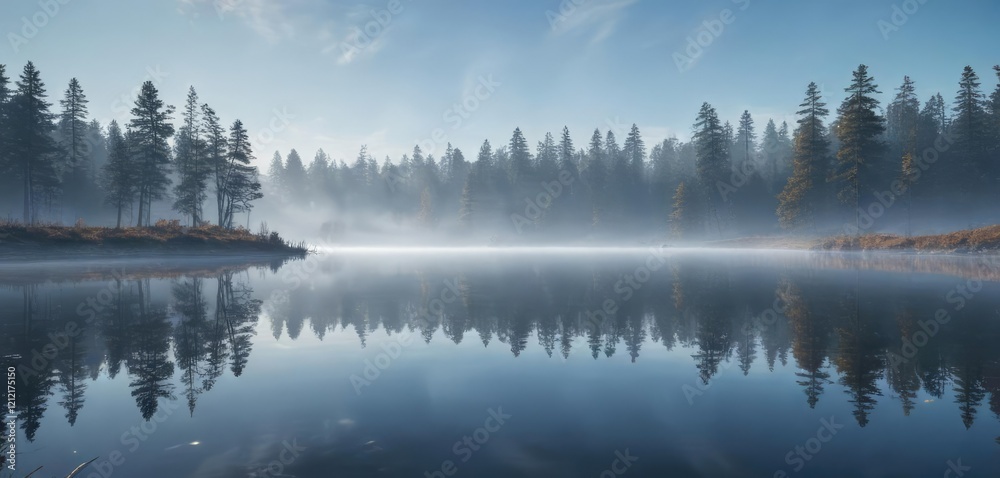 Fototapeta premium Fog envelops the surface of a peaceful lake with clear blue sky above reflected, reflection, fog