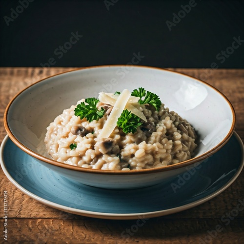 A bowl of creamy mushroom risotto, garnished with fresh parsley and Parmesan shavings. photo