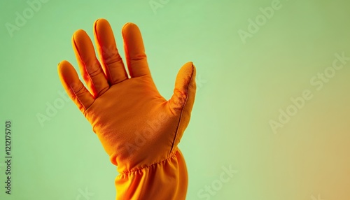 Close-up of a Hand Wearing Vibrant Orange Work Gloves Against a Teal Gradient Background. The Hand is Gesturing a High Five, Representing Safety, Protection and Communication in a Minimalist Style photo