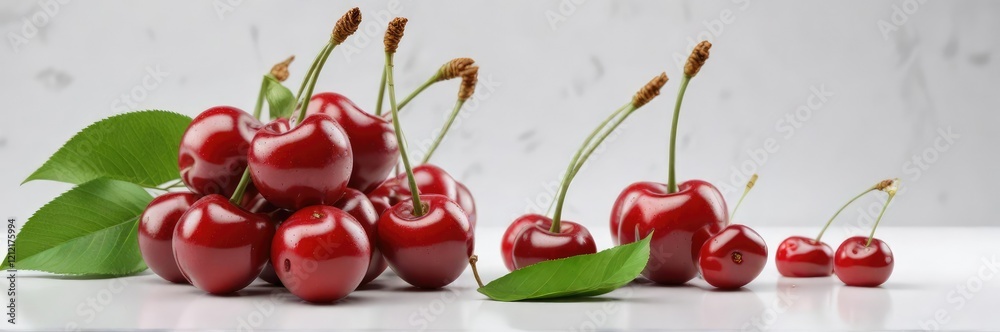 Fresh cherry isolated on white background with leaf and stem, nature, greenery Fresh cherry isolated on white background with leaf and stem, nature, greenery