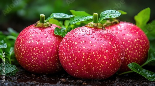 Red speckled fruits garden closeup dew drops photo