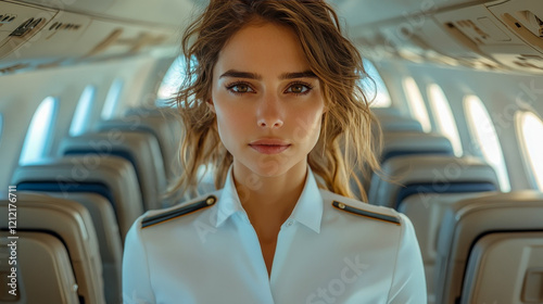 A professional stewardess in a modern uniform stands in the center aisle of the plane photo