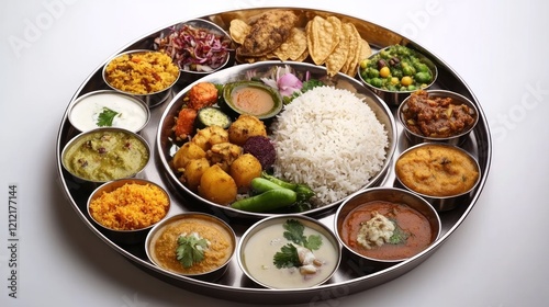 Indian vegetarian thalis, rich with diverse dishes and flavors from across the country, styled on a white background, single plate. photo