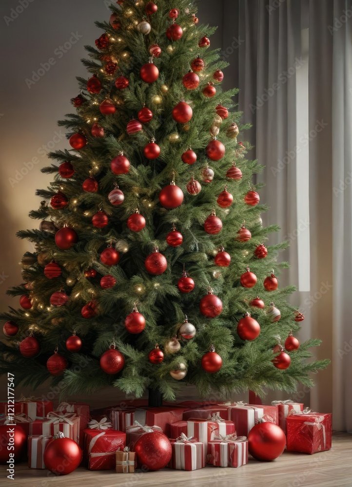 Full-length photo of a decorated Christmas tree with multiple levels and red ball ornaments, festive lights, gift wrapped presents Full-length photo of a decorated Christmas tree with multiple levels and red ball ornaments, festive lights, gift wrapped presents