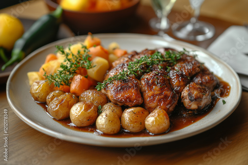 Roasted Meat with Roasted Potatoes and Carrots, Dinner Meal