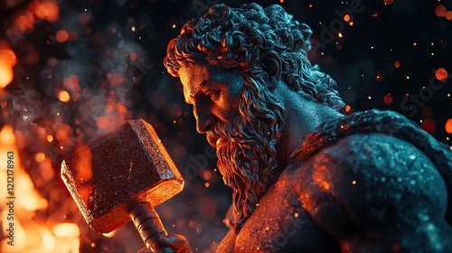 Close-up view of Hephaestus with copper hammer in glowing digital forge