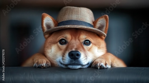 This charming Shiba Inu rests its chin on a surface, donned in a stylish hat, expressing curiosity and contemplation, ideal for pet lovers and those appreciating animal personalities. photo