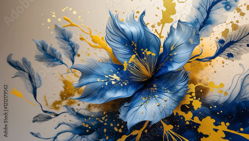 Indigo and Gold Inkblot Artwork Featuring Nature-Inspired Layers, a Blue Watercolor Blossom with Yellow Splatters, and a Dynamic Sense of Movement photo