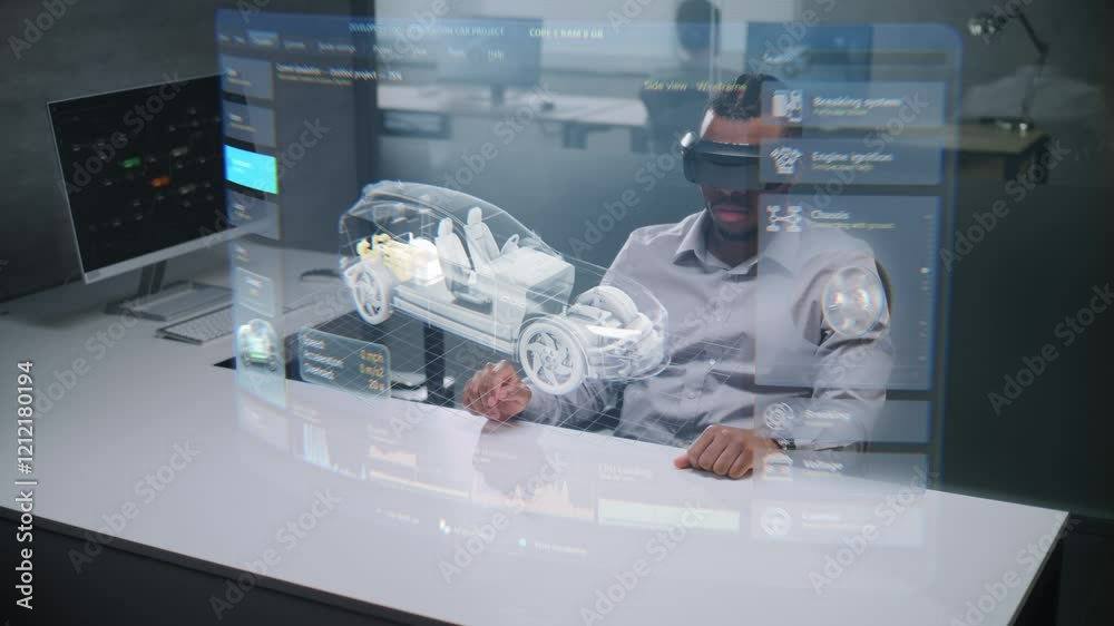 African American Automotive Engineer Wearing VR Headset Uses Augmented Reality to Create 3D Model of Electric Vehicle. Renewable Energy Car Design on Holographic Interface. Artificial Intelligence.