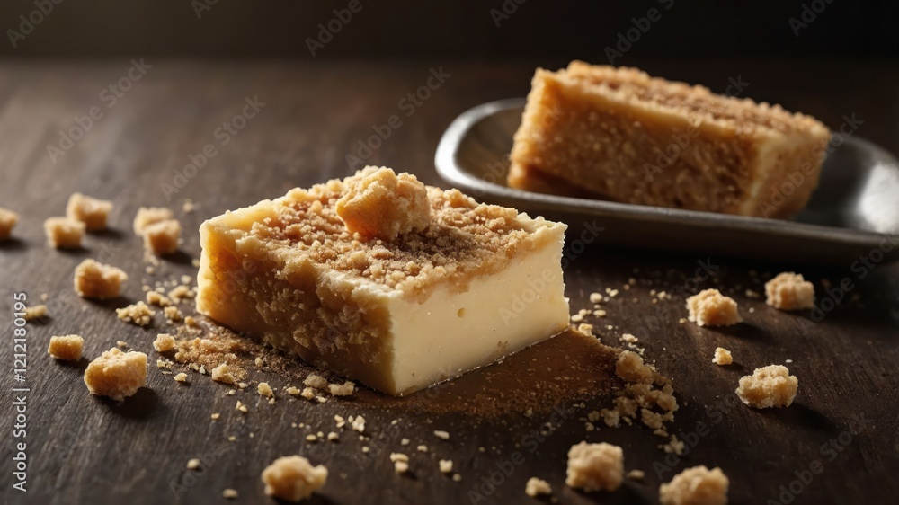 A close-up of sweet dessert with crumbly topping, set on a wooden surface. A close-up of sweet dessert with crumbly topping, set on a wooden surface.