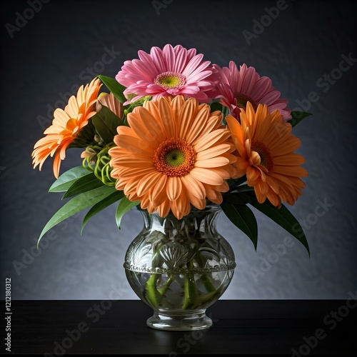 beautiful orange and pink gerbera flowers in glass vase isolated on dark background