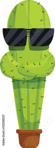 Confident cartoon cactus wearing sunglasses and crossing its arms, portraying a cool and composed demeanor
