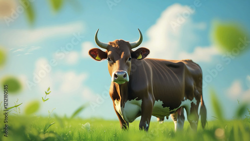 cow with green grass and the sky in the backdrop. photo