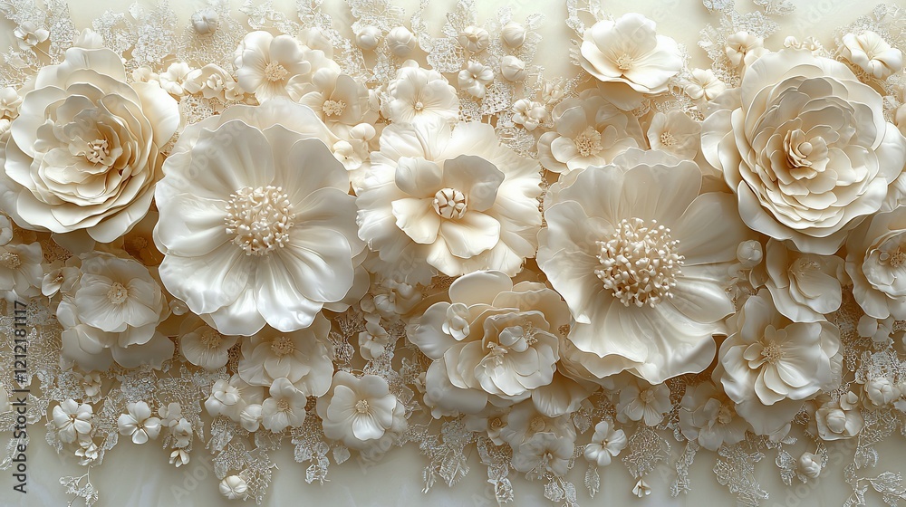 Elegant cream floral arrangement, 3D textured flowers and lace. Elegant cream floral arrangement, 3D textured flowers and lace.