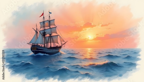 A classical sailing ship traverses the ocean at sunset, with vibrant orange hues painting the sky