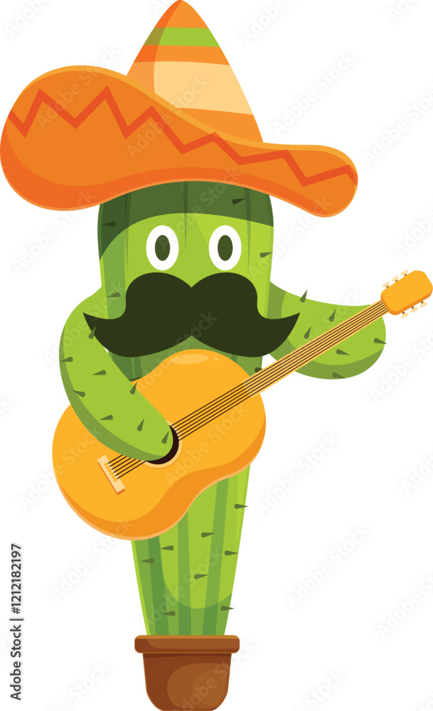 Obraz premium Funny cartoon character of a potted cactus wearing sombrero and mustache playing guitar representing mexican culture