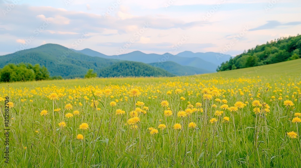 Fototapeta premium Scenic Meadow with Bright Yellow Dandelions and Rolling Mountains in Background During a Calm Summer Evening