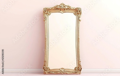 Golden vintage baroque-style frame mirror standing on the floor against a light pink wall, front view. photo