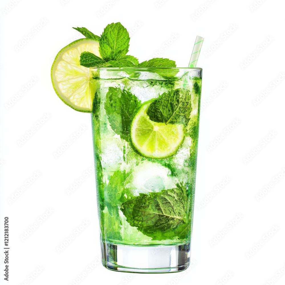 A vibrant mojito cocktail with mint leaves delicately floating, topped with a lime slice, and glistening condensation on the glass A vibrant mojito cocktail with mint leaves delicately floating, topped with a lime slice, and glistening condensation on the glass