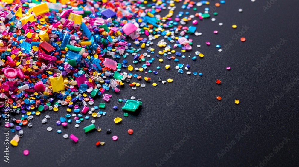 Colorful Plastic Pellets Scattered on Black Background Recyclable Resin Granules Colorful Plastic Pellets Scattered on Black Background Recyclable Resin Granules