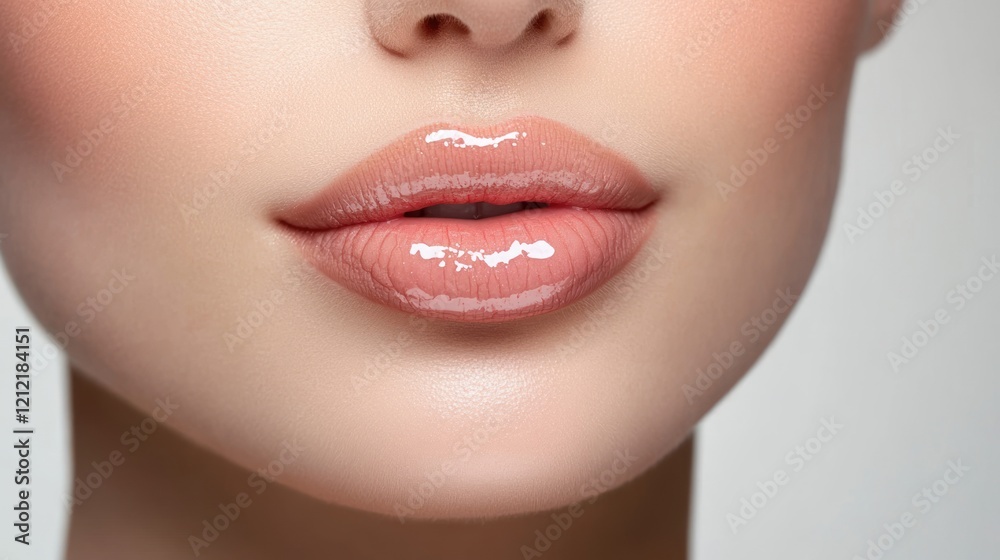 Obraz premium Minimalist beauty portrait of woman with glossy lip texture in soft light, on solid white background, single object