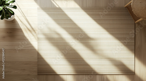 A simple  wooden floor with one area rug  its pattern subtle and soothing.