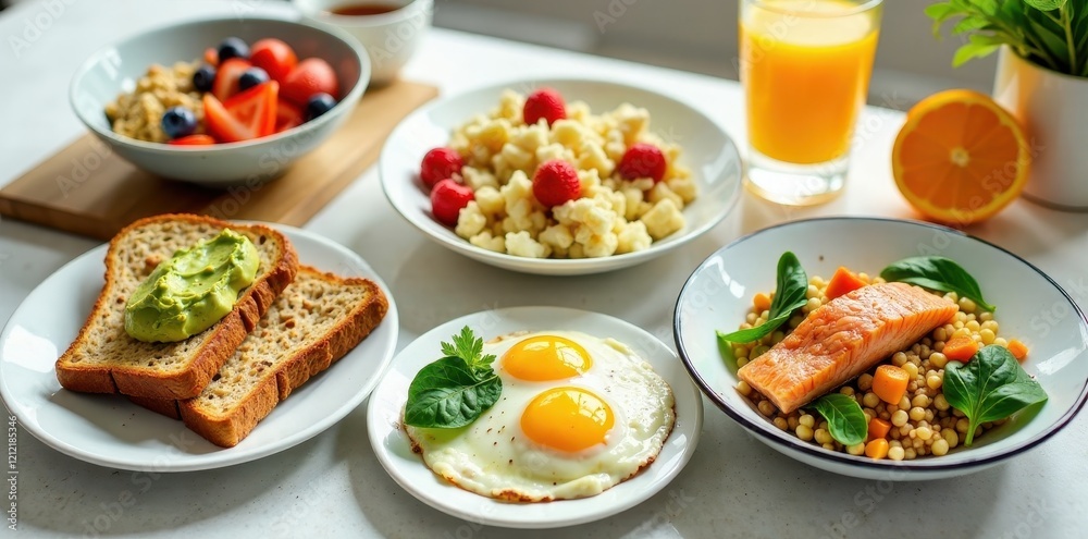 A nutritious and delicious breakfast featuring eggs, whole-grain toast with avocado, fresh fruit salad, couscous with salmon, and a refreshing juice. A nutritious and delicious breakfast featuring eggs, whole-grain toast with avocado, fresh fruit salad, couscous with salmon, and a refreshing juice.
