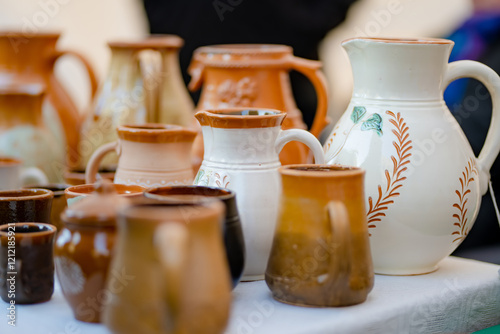 Ceramic dishes, tableware and jugs sold on Kaziuko muge or Kaziukas fair, traditional Easter market in Vilnius, Lithuania photo