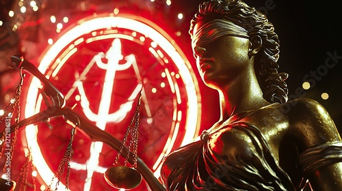 Nemesis statue adorned with golden scales against vibrant holographic backdrop