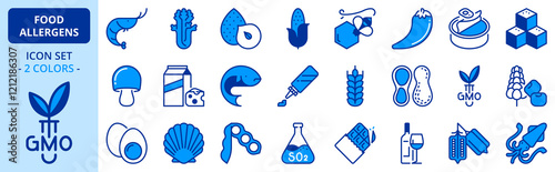 Icons in two colors about food allergens. Food and drink.