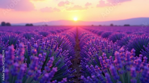 Serene Sunset Over Rows of Vibrant Lavender Blossoms in a Picturesque Field