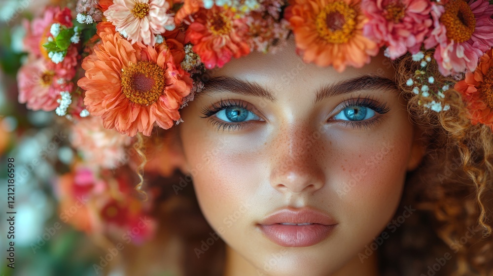 Naklejka premium Portrait of a woman with a vibrant floral headpiece