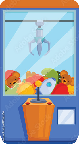 Claw crane arcade game grabbing a toy in amusement park, entertainment concept