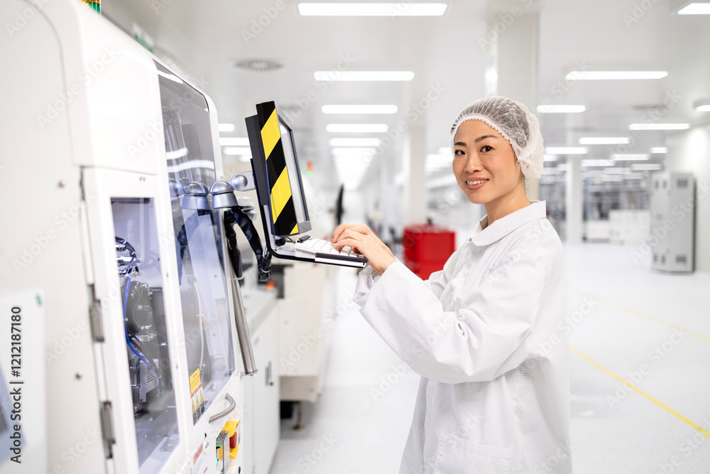 Hardworking Japanese worker operating on machine computer in factory production line. Working in advanced electronics technology factory. Hardworking Japanese worker operating on machine computer in factory production line. Working in advanced electronics technology factory.