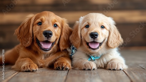 A pair of happy golden puppies lying side by side, exuding charm and enthusiasm, evoking pure joy and warmth through their playful expressions and friendly demeanor. photo