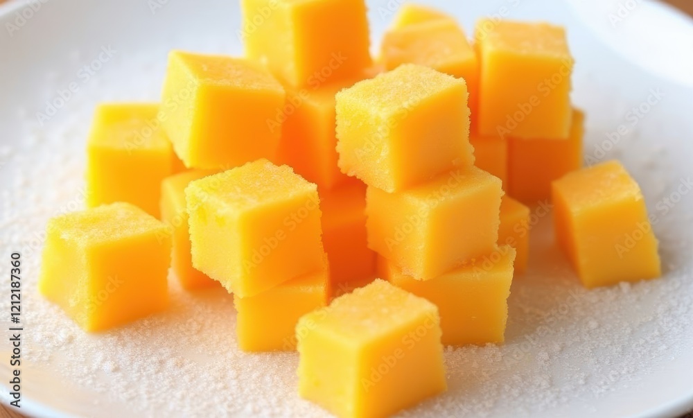 Yellow cheese cubes on a plate Yellow cheese cubes on a plate