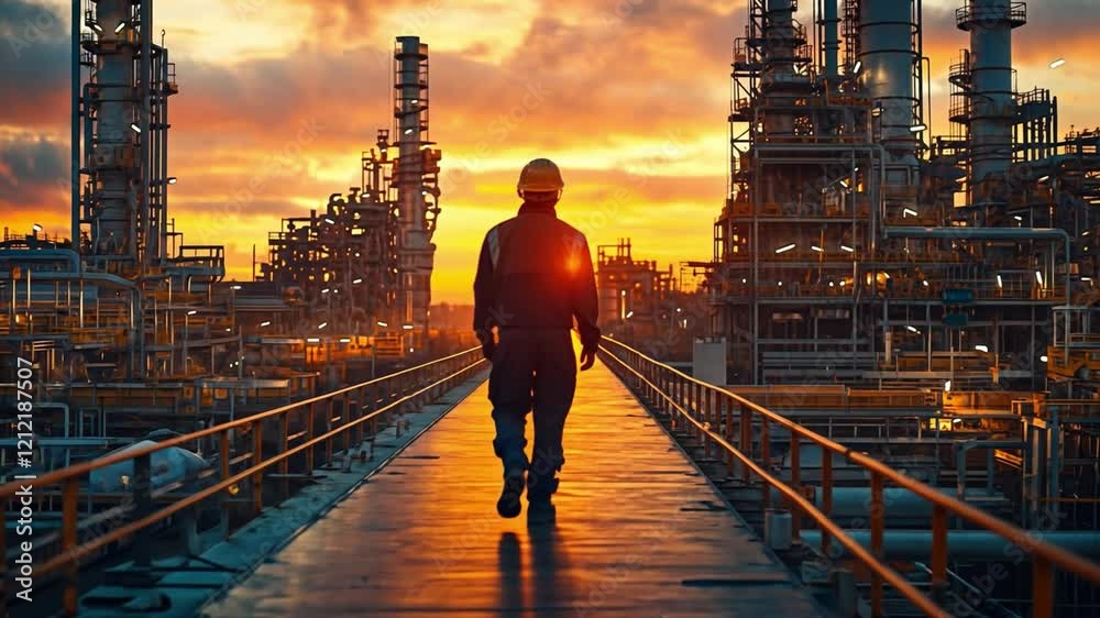 Industrial Sunset Silhouette: A lone worker walks towards a fiery sunset, silhouetted against the impressive backdrop of a sprawling oil refinery, conveying themes of industry, scale and ambition.