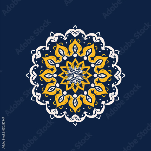 Ornate Mandala Design in Teal and Gold. A vibrant mandala design, featuring intricate patterns in teal, gold, and white, sits on a deep teal background.