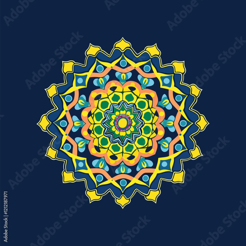 Ornate Mandala Design in Teal and Gold. A vibrant mandala design, featuring intricate patterns in teal, gold, and white, sits on a deep teal background.