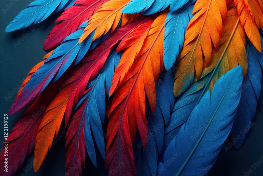 Fototapeta premium Vibrant plumage a captivating arrangement of richly hued blue, red, and orange feathers against a deep teal backdrop
