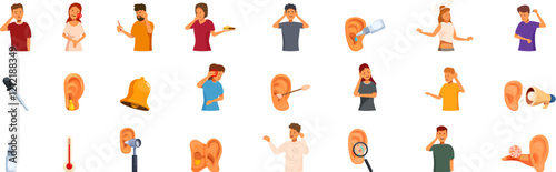 Otitis symptoms icons set. People experiencing earache, tinnitus, hearing loss, and infections, using ear drops, seeking medical advice, and undergoing examinations