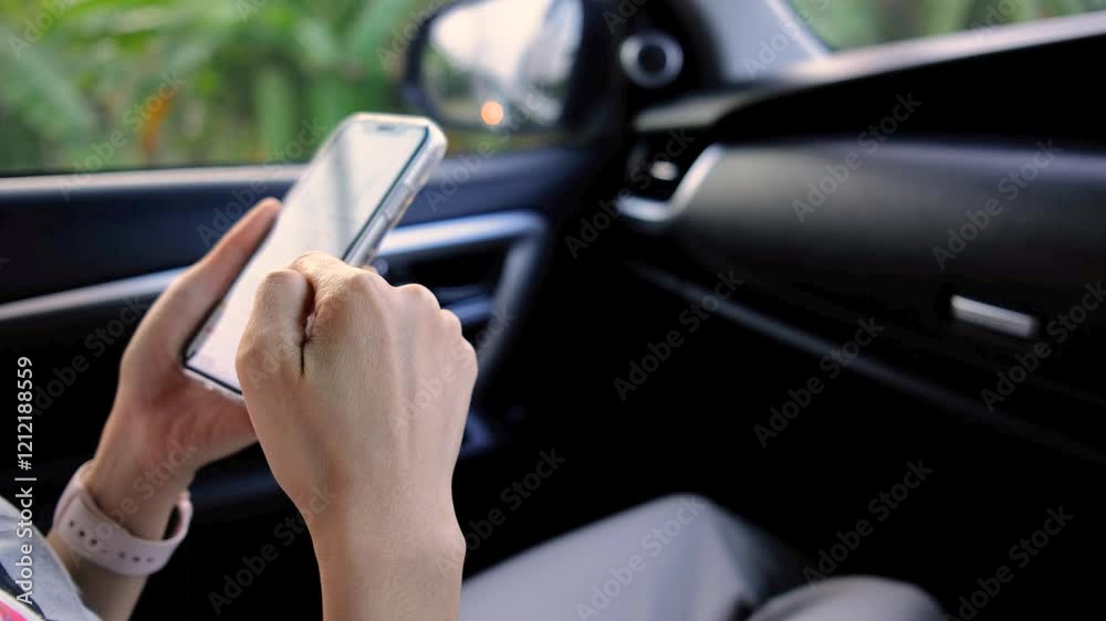 Close-up of woman's hand scrolling through online shopping on smartphone app while sitting in a private car. Close-up of woman's hand scrolling through online shopping on smartphone app while sitting in a private car.