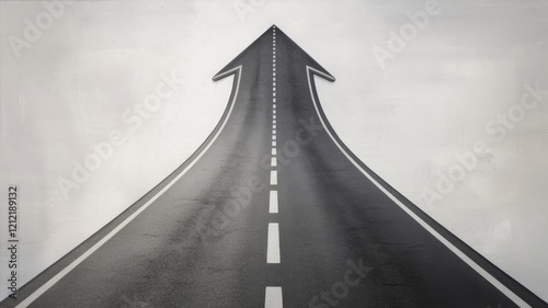 Asphalt Road Forming Arrow Shape Against White Wall Background.