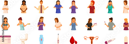 Early pregnancy symptoms icons set. Set of diverse women managing premenstrual syndrome symptoms, using sanitary pads and pregnancy test, with calendar, toilet and thermometer