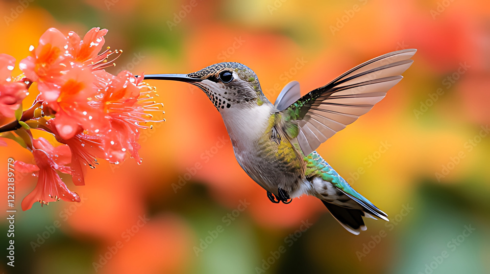 Naklejka premium Hummingbird feeding on flower, garden, bokeh background, nature wallpaper