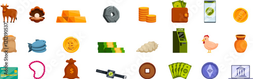 Evolution money icons set. Exploring diverse forms of currency and assets, from livestock and precious metals to digital transactions and cryptocurrencies