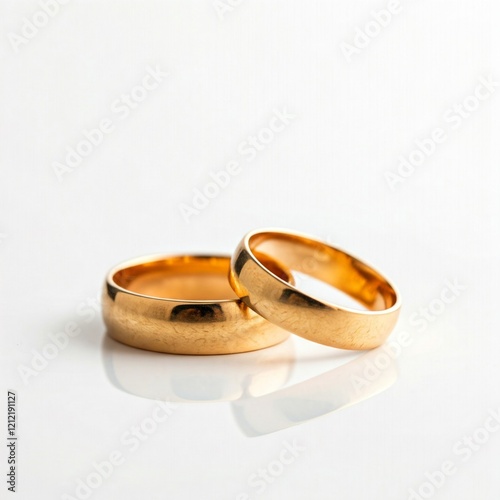 Golden wedding rings placed side by side on a white background, reflecting light. photo