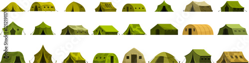 Military tent icons set. Camping tent icons showcasing various designs for outdoor adventures, providing temporary shelter and accommodation in nature
